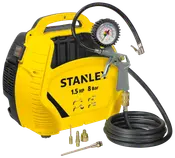 Gul Stanley kompressor, 1,5 HK, 8 Bar, med tryckmätare, luftslang, blåspistol och flera munstycken. Kompakt, bärbar design med handtag.