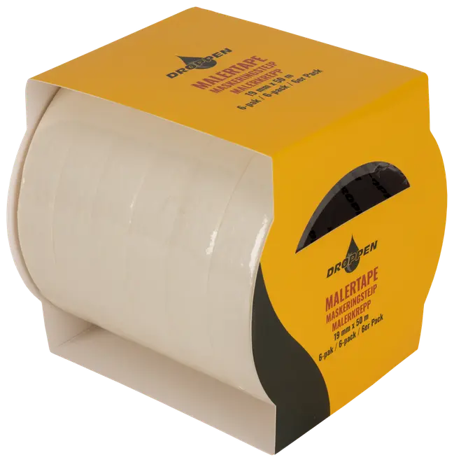 Pakke med seks ruller hvid malertape, 19 mm x 50 m hver, leveret i en gul æske med produktinformation på siden.