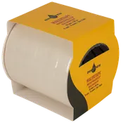 Pakke med seks ruller hvid malertape, 19 mm x 50 m hver, leveret i en gul æske med produktinformation på siden.