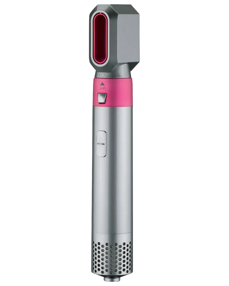 Sølv og pink hårstylingværktøj med rektangulær dyse, trykknap og ventileret bund. Ergonomisk håndtag og moderne design til effektiv tørring og styling af hår.