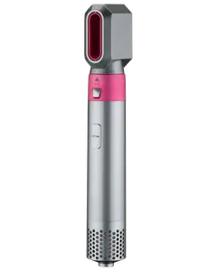 Sølv og pink hårstylingværktøj med rektangulær dyse, trykknap og ventileret bund. Ergonomisk håndtag og moderne design til effektiv tørring og styling af hår.