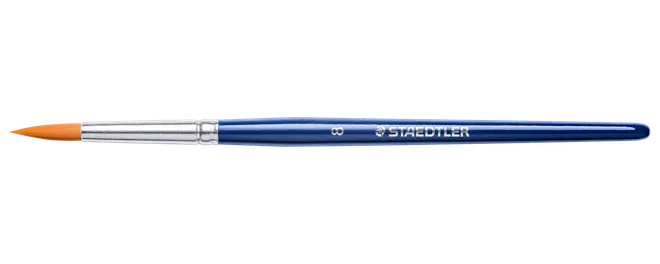 Blå STAEDTLER pensel med sølvfarvet hylster og orange børstehår, vist vandret.