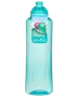 Gennemsigtig turkis plastikdrikkedunk, 1 liter, med skruelåg og præget "sistema" logo. Fri for BPA og phthalater, lavet i New Zealand, ergonomisk greb.
