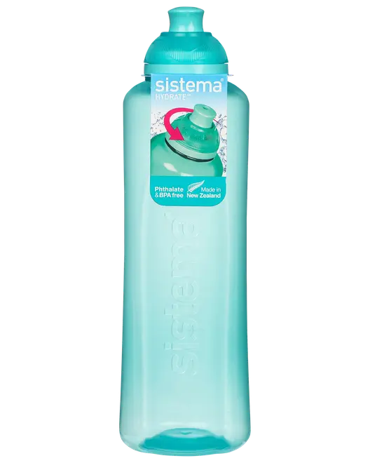 Gennemsigtig turkis plastikdrikkedunk, 1 liter, med skruelåg og præget "sistema" logo. Fri for BPA og phthalater, lavet i New Zealand, ergonomisk greb.