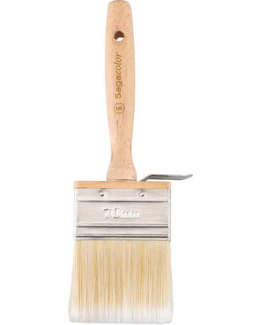 Bred malerpensel med træhåndtag, metalbeslag og syntetiske børster. Håndtaget har ophængshul og mærkeindgravering. Penselbredde er 70 mm, ideel til store flader.