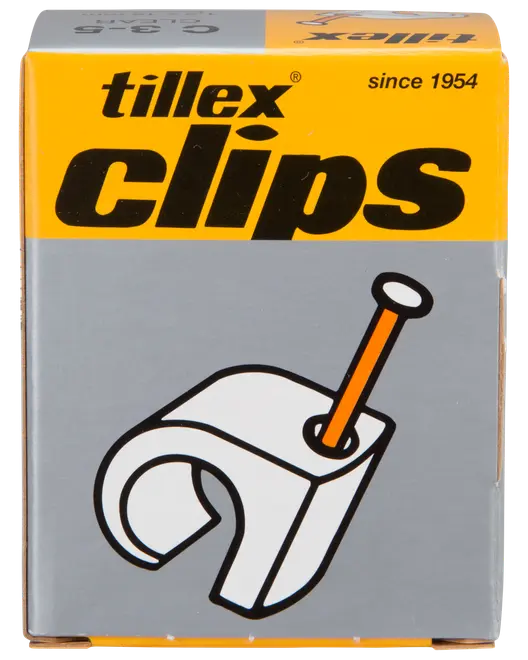 Förpackning med Tillex kabelklämmor, U-formad plastklämma med integrerad spik för att fästa kablar på väggar. Perfekt för att organisera elledningar.