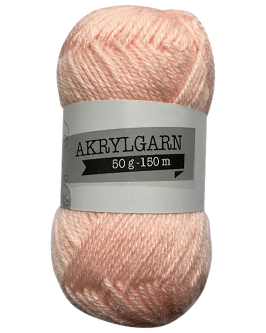 Lyserød akrylgarnnøgle med etiket, 50 g og 150 m, velegnet til strik og hækling.