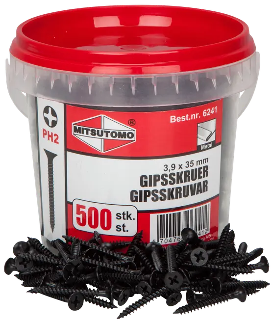 Plastbøtte med 500 sorte gipsskruer, 3,9 x 35 mm, PH2 krydskærv, egnet til metal, rød låg og produktetiket på forsiden.