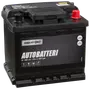 Branford autobatteri, sort, med røde og sorte poler, mærket "AUTOBATTERI". Mål: 190 x 175 x 207 mm. Velegnet til biler og varevogne.