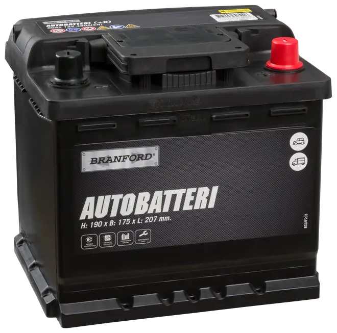 Branford autobatteri, sort, med røde og sorte poler, mærket "AUTOBATTERI". Mål: 190 x 175 x 207 mm. Velegnet til biler og varevogne.