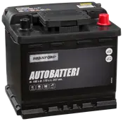 Branford autobatteri, sort, med røde og sorte poler, mærket "AUTOBATTERI". Mål: 190 x 175 x 207 mm. Velegnet til biler og varevogne.