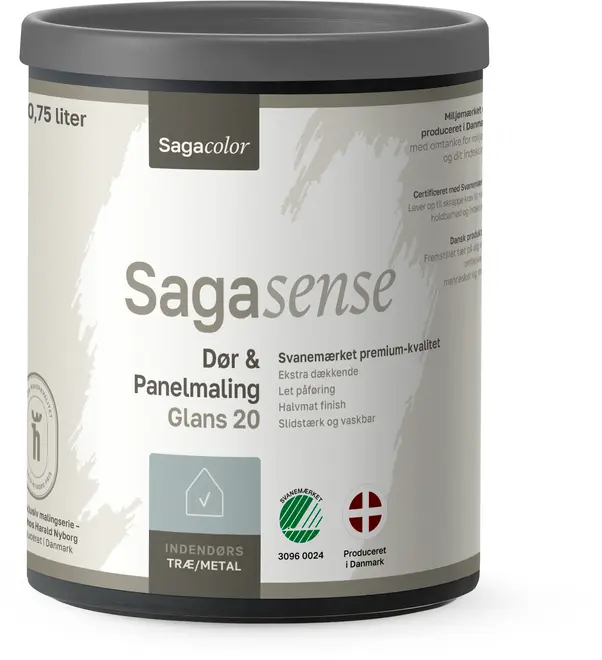 Sagacolor Sagasense dør- og panelmaling, 0,75 liter, halvmat finish, til indendørs træ og metal, premium kvalitet, let påføring, slidstærk og vaskbar.