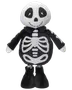 Sort skeletplysdyr med hvid kranieansigt, syet smil, knogletryk på kroppen og store sorte støvler.