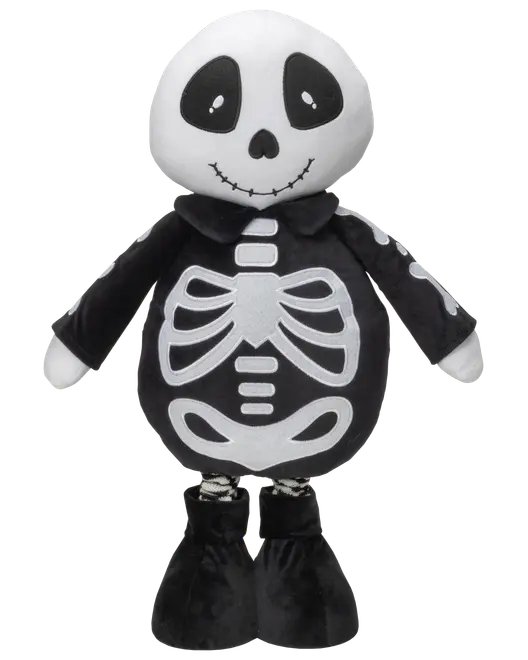 Sort skeletplysdyr med hvid kranieansigt, syet smil, knogletryk på kroppen og store sorte støvler.