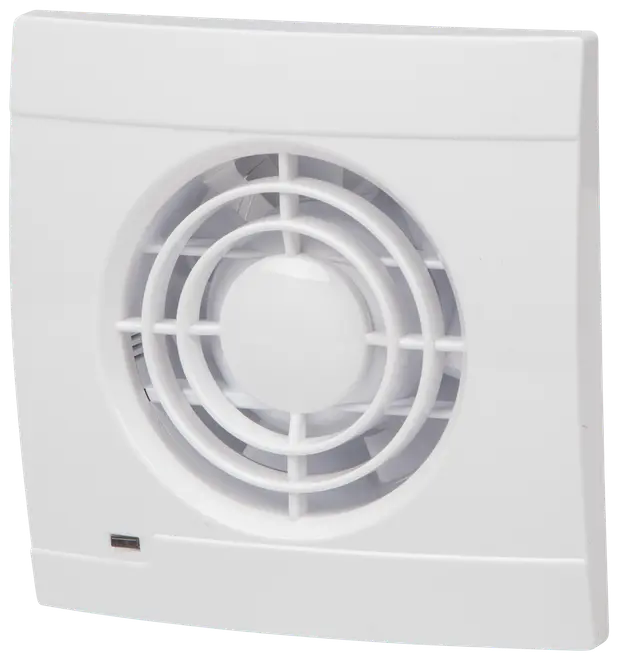 Vit, kvadratisk badrumsfläkt med cirkulärt ventilationsgaller och skyddsgaller. Modern, minimalistisk design för vägg- eller takmontering, passar små rum eller badrum.