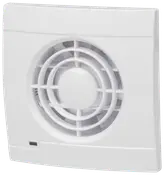 Vit, kvadratisk badrumsfläkt med cirkulärt ventilationsgaller och skyddsgaller. Modern, minimalistisk design för vägg- eller takmontering, passar små rum eller badrum.