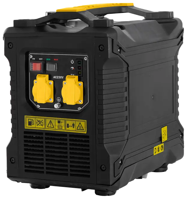 Bærbar sort generator med gult håndtag, to AC 230V udtag, kontrolpanel med kontakter og indikatorer, ventilationsgitter og advarselsmærkater på front og side.