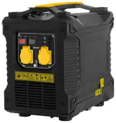 Bærbar sort generator med gult håndtag, to AC 230V udtag, kontrolpanel med kontakter og indikatorer, ventilationsgitter og advarselsmærkater på front og side.
