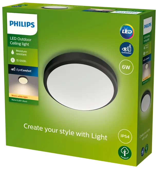 PHILIPS Loftlampe Doris Ø22cm 6W IP54 - sort