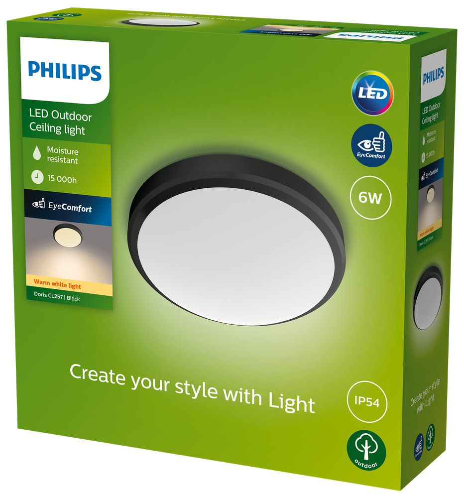 PHILIPS Loftlampe Doris Ø22cm 6W IP54 - sort