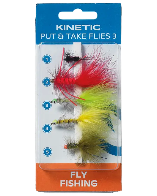 Pakke med fem farverige kunstige fluefiskefluer med fjer og perleøjne, designet til forskellige fiskeforhold. Indeholder røde, gule, sorte og grønne mønstre. Velegnet til fluefiskeri.