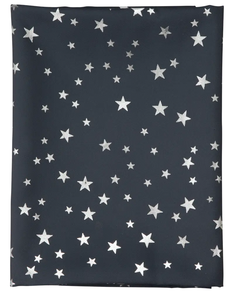 Mörkblå presentpapper med utspridda silverstjärnor i olika storlekar. Festligt och himmelskt mönster, passar till födelsedagar, högtider eller speciella tillfällen. Blank yta.