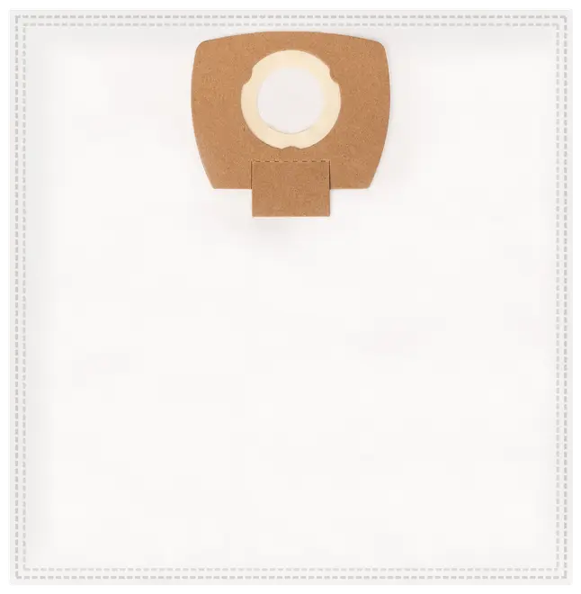 Rektangulär vit dammsugarpåse med brun pappkrage och rund öppning upptill, avsedd för dammuppsamling i kompatibla dammsugarmodeller.