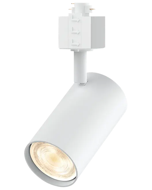 Moderne hvid spot til skinnesystem med cylinderformet lampehoved og indbygget LED. Justerbar vinkel, velegnet til accentbelysning i hjemmet eller erhverv. Elegant, glat finish.