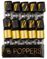 Förpackning med 20 svarta och guldfärgade poppers med snedställda gula ränder, cylindrisk form och klara munstycken, snyggt ordnade i svart ask märkt '20 Poppers'.