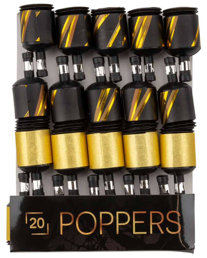 Förpackning med 20 svarta och guldfärgade poppers med snedställda gula ränder, cylindrisk form och klara munstycken, snyggt ordnade i svart ask märkt '20 Poppers'.