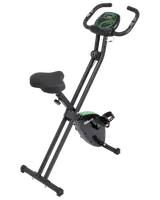 Sammenklappelig motionscykel med justerbart sæde, digitalt display, modstandsknap og pedaler med stropper. Kompakt sort design med grønne detaljer til hjemmetræning.