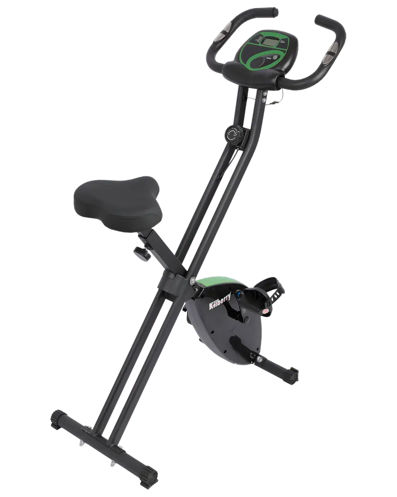 Sammenklappelig motionscykel med justerbart sæde, digitalt display, modstandsknap og pedaler med stropper. Kompakt sort design med grønne detaljer til hjemmetræning.