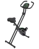 Sammenklappelig motionscykel med justerbart sæde, digitalt display, modstandsknap og pedaler med stropper. Kompakt sort design med grønne detaljer til hjemmetræning.