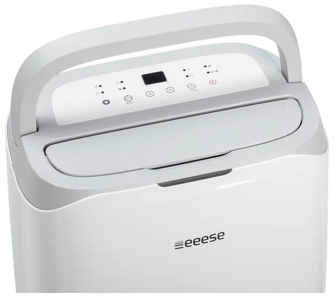Vit Eeese-avfuktare med digital kontrollpanel, LED-indikatorer och bärhandtag. Flera knappar för inställningar och lägen, kompakt och modern design, passar för hemmet.