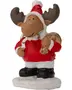 Festlig elgfigur iført rød julemandsdragt, sorte støvler og holder en gylden sæk. Står på hvid base, ideel til juledekoration eller gave.