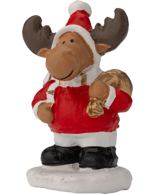 Festlig elgfigur iført rød julemandsdragt, sorte støvler og holder en gylden sæk. Står på hvid base, ideel til juledekoration eller gave.
