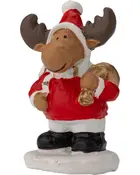 Festlig elgfigur iført rød julemandsdragt, sorte støvler og holder en gylden sæk. Står på hvid base, ideel til juledekoration eller gave.