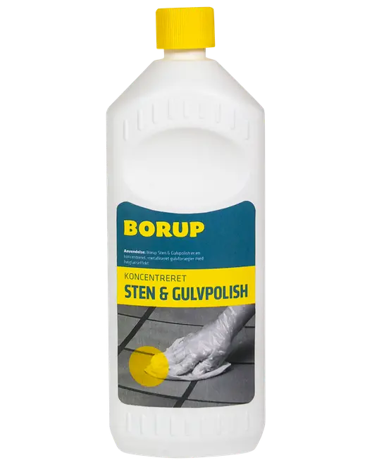 Hvid plastflaske med gult låg, mærket "Borup Sten & Gulvpolish". Koncentreret formel til rengøring og polering af sten- og flisegulve. Blå og gul etiket med rengøringsbillede.