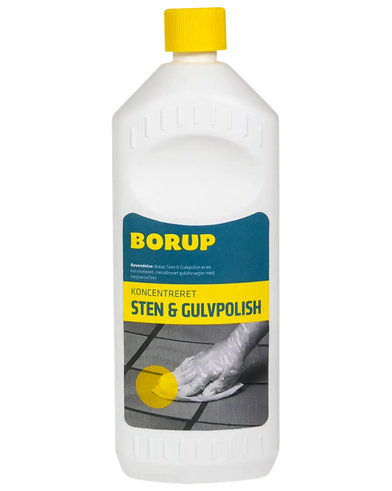 Hvid plastflaske med gult låg, mærket "Borup Sten & Gulvpolish". Koncentreret formel til rengøring og polering af sten- og flisegulve. Blå og gul etiket med rengøringsbillede.