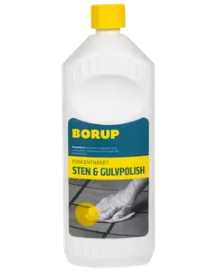Hvid plastflaske med gult låg, mærket "Borup Sten & Gulvpolish". Koncentreret formel til rengøring og polering af sten- og flisegulve. Blå og gul etiket med rengøringsbillede.