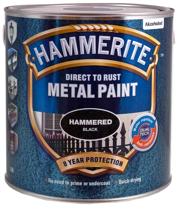 2,5L Hammerite metalmaling, sort hamret finish, direkte på rust, vandafvisende, antikorrosion, 8 års beskyttelse, ingen grunding nødvendig, hurtigtørrende.