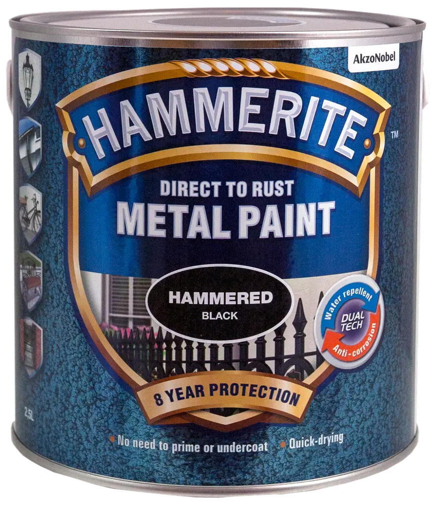 2,5L Hammerite metalmaling, sort hamret finish, direkte på rust, vandafvisende, antikorrosion, 8 års beskyttelse, ingen grunding nødvendig, hurtigtørrende.