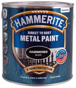 2,5L Hammerite metalmaling, sort hamret finish, direkte på rust, vandafvisende, antikorrosion, 8 års beskyttelse, ingen grunding nødvendig, hurtigtørrende.