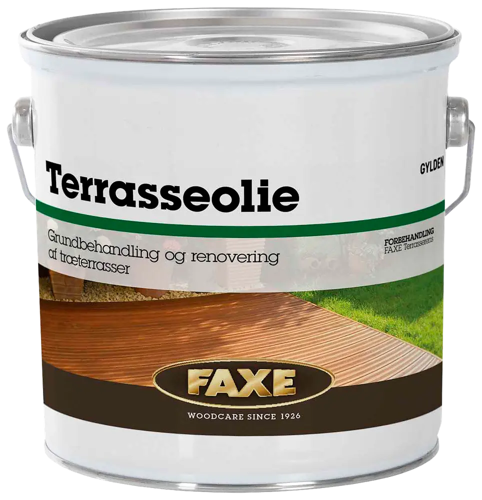 Stor metalspand med Faxe terrasseolie til træterrasser, mærket til grundbehandling og renovering, med metalhank og billede af behandlet træterrasse på etiketten.
