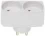 Hvid dobbelt stikkontaktadapter med to runde udtag og guldbelagte ben, designet til europæiske stik. Kompakt, rektangulær form til at udvide én stikkontakt til to.