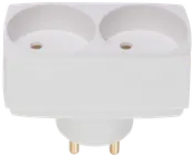 Hvid dobbelt stikkontaktadapter med to runde udtag og guldbelagte ben, designet til europæiske stik. Kompakt, rektangulær form til at udvide én stikkontakt til to.