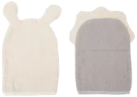 Sæt med to børnevaskeklude, én cremefarvet med bjørneører, én grå med cremefarvet manke, lavet af blødt frotté til skånsom vask.