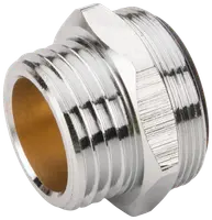 Krompläterad mässingsrör-reduktionskoppling med utvändiga gängor, sexkantigt mittparti för nyckelgrepp, används för att ansluta rör med olika diameter i VVS-system.