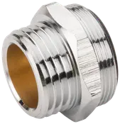 Krompläterad mässingsrör-reduktionskoppling med utvändiga gängor, sexkantigt mittparti för nyckelgrepp, används för att ansluta rör med olika diameter i VVS-system.