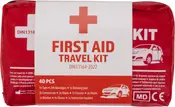 Rødt førstehjælpsrejsekit med 40 dele: tape, bandager, kompresser, saks, masker, tæppe, handsker og instruktionshæfte. Kompakt og velegnet til bilen.